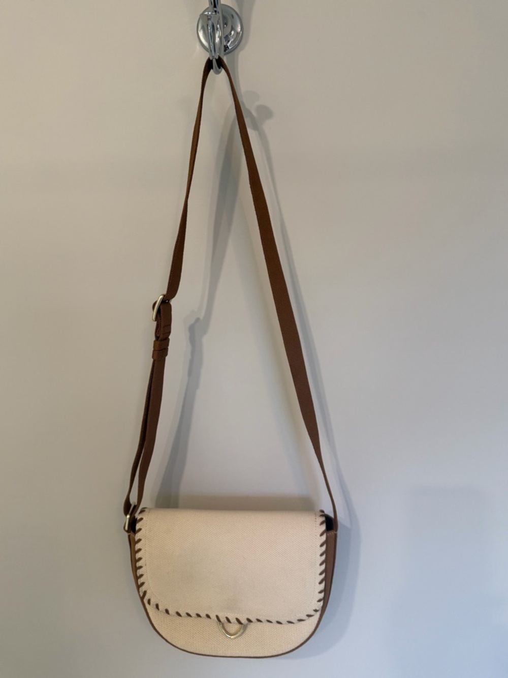 Rothy's Cream and Brown Crossbody Saddle Bag